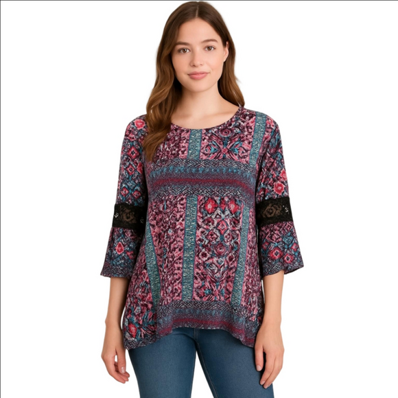 Kim Rogers Tops - Kim Rogers Lace Print Top Purple Black Women's Size 1X